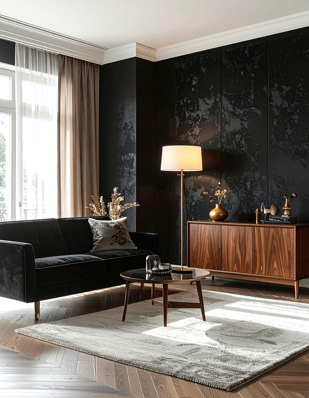 Black textured wallpaper - 30 black living room decor ideas