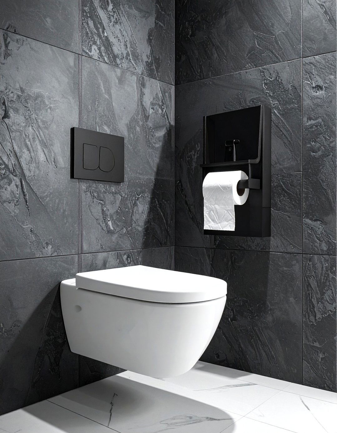 Black toilet paper holder - 30 black bathroom accessories ideas