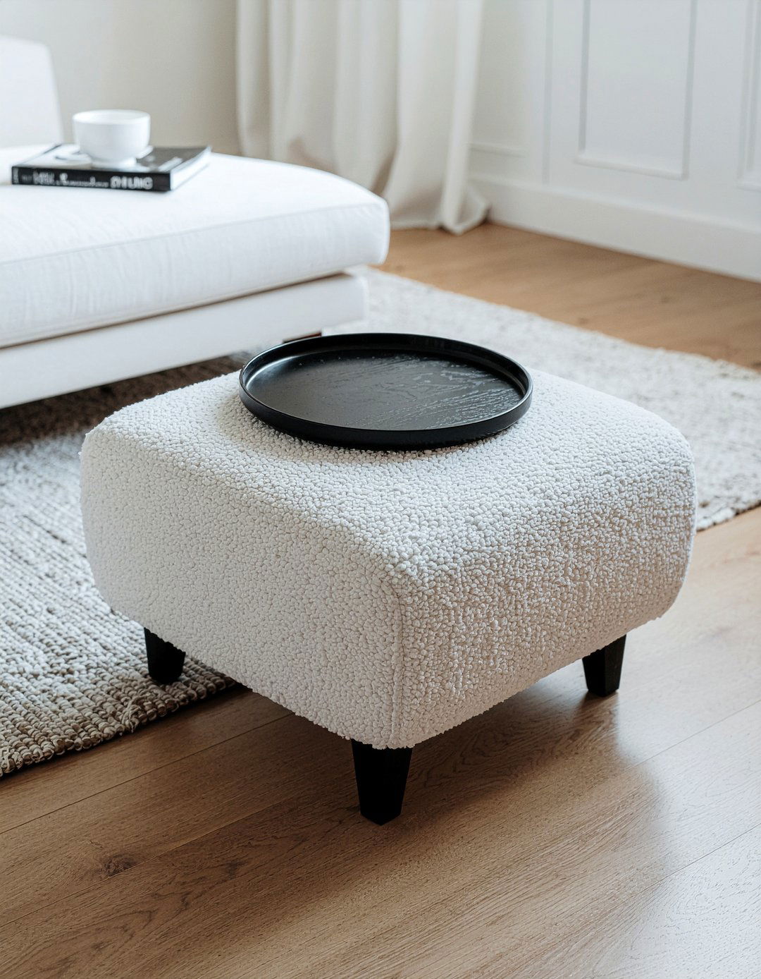 Black tray on white ottoman - 30 living room tray ottoman ideas
