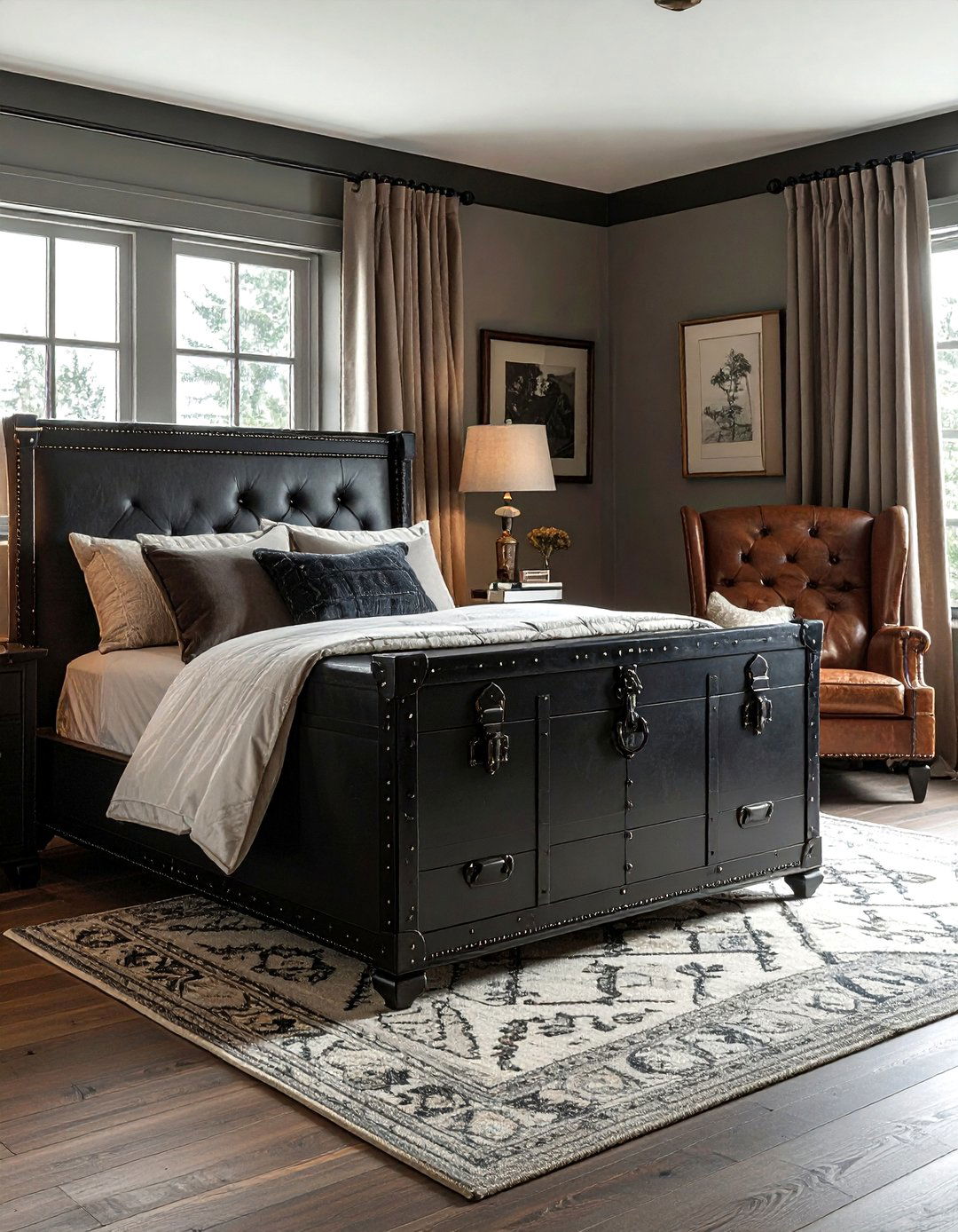 Black trunk storage chest - 30 black bedroom furniture ideas