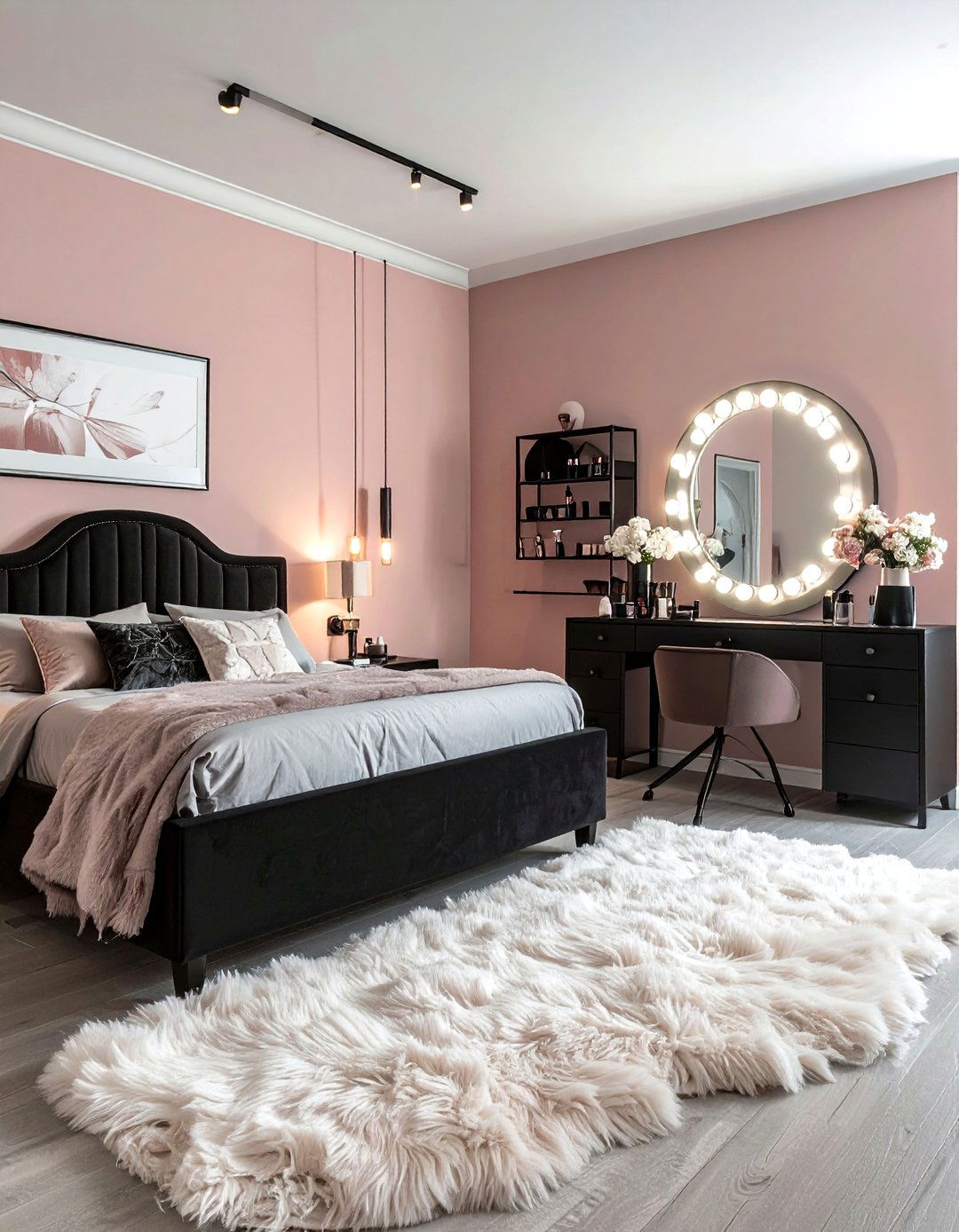 Black vanity makeup station - 30 black bedroom furniture ideas