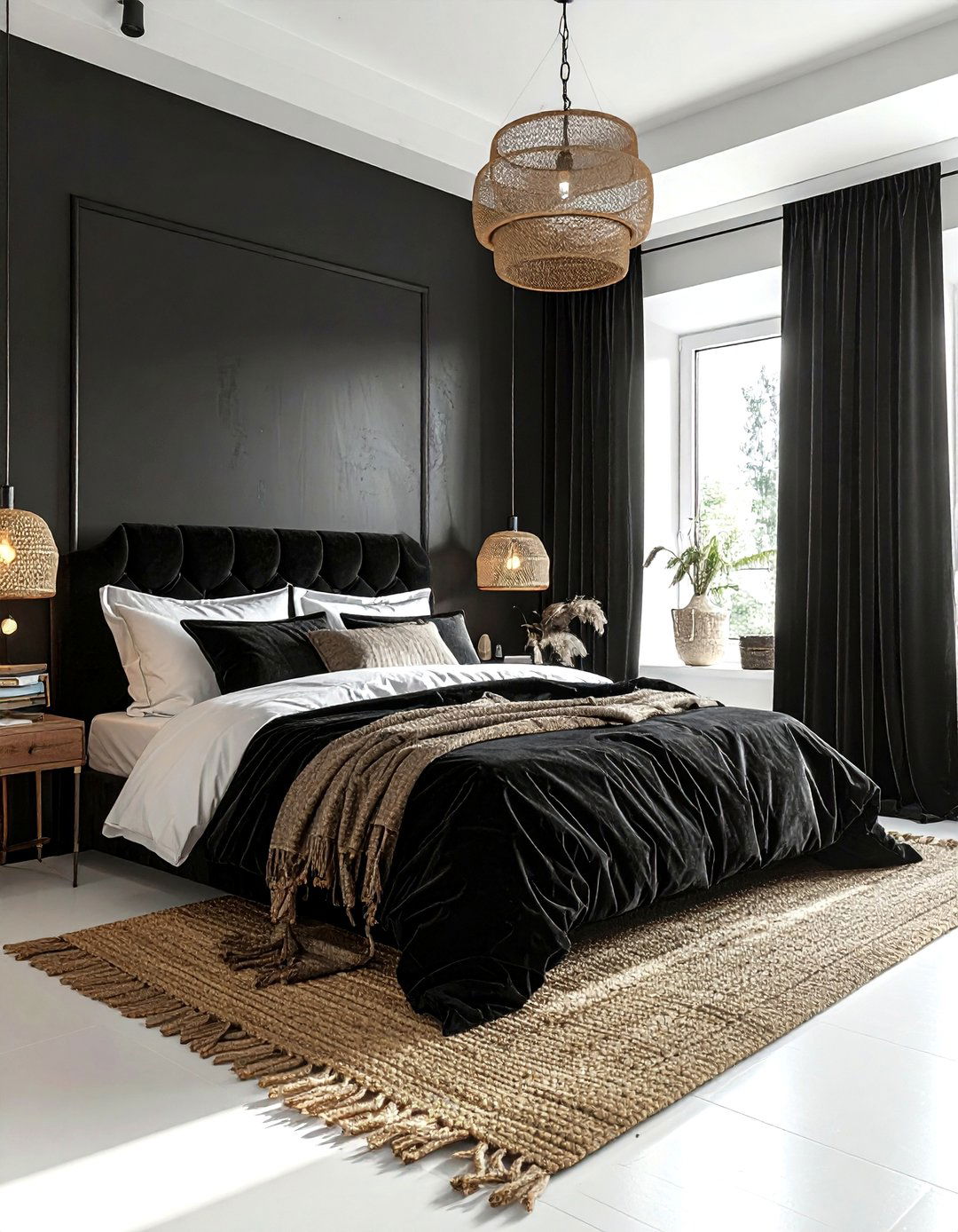 Black velvet boho bedroom - 30 bohemian black bedroom ideas