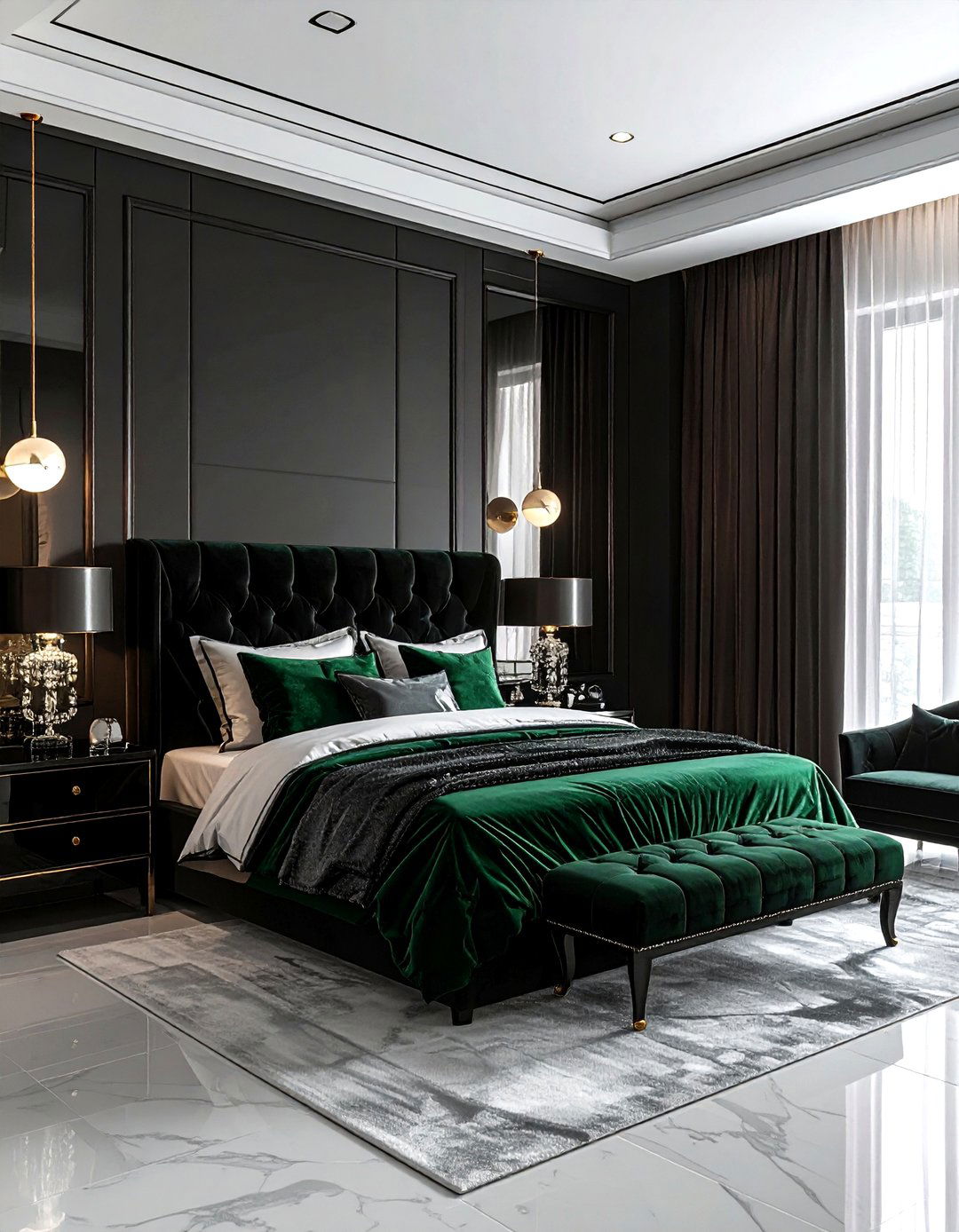 Black velvet headboard look - 30 black bedroom furniture ideas