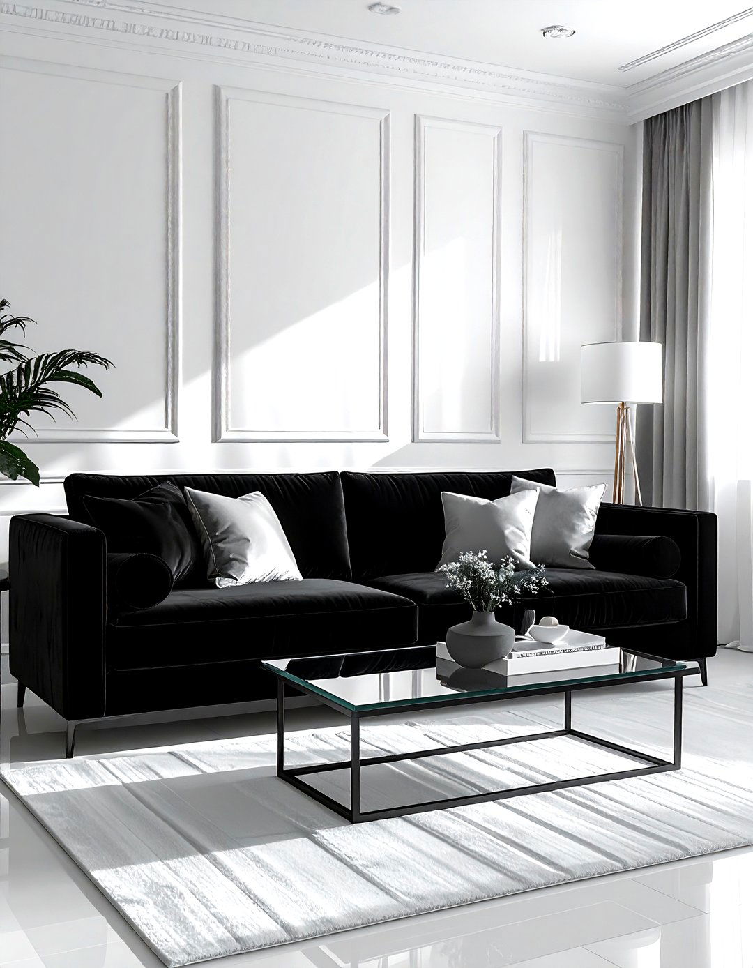 Black velvet sofa living room - 30 minimalist black living room ideas