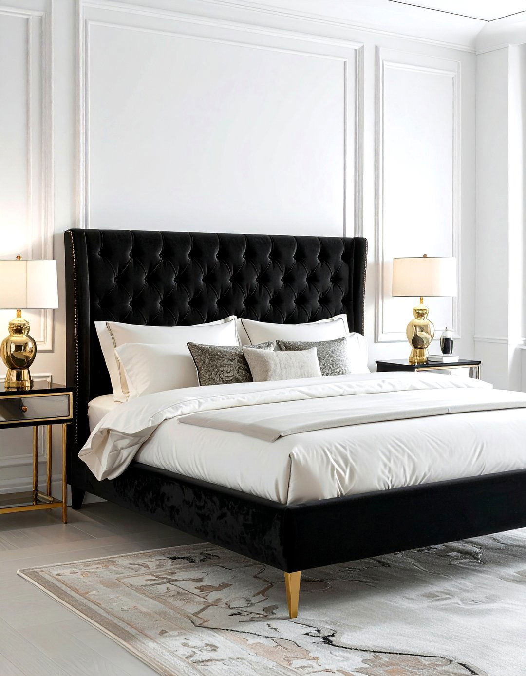 Black velvet tufted headboard - 30 traditional black bedroom ideas
