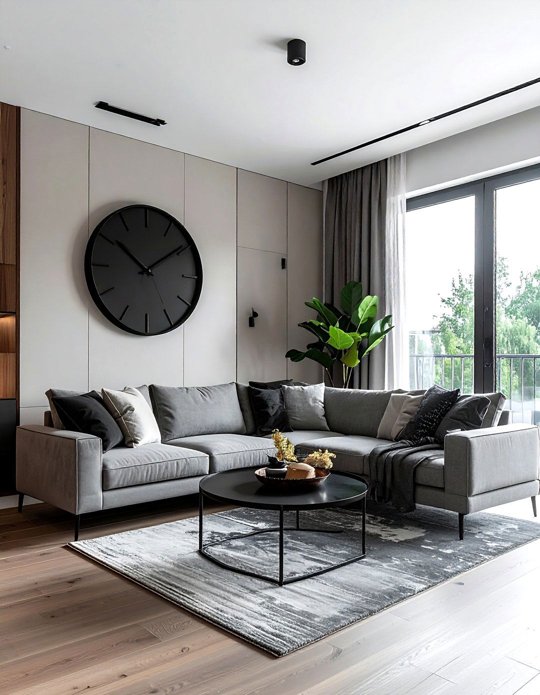 Black wall clock - 30 black living room accessories ideas