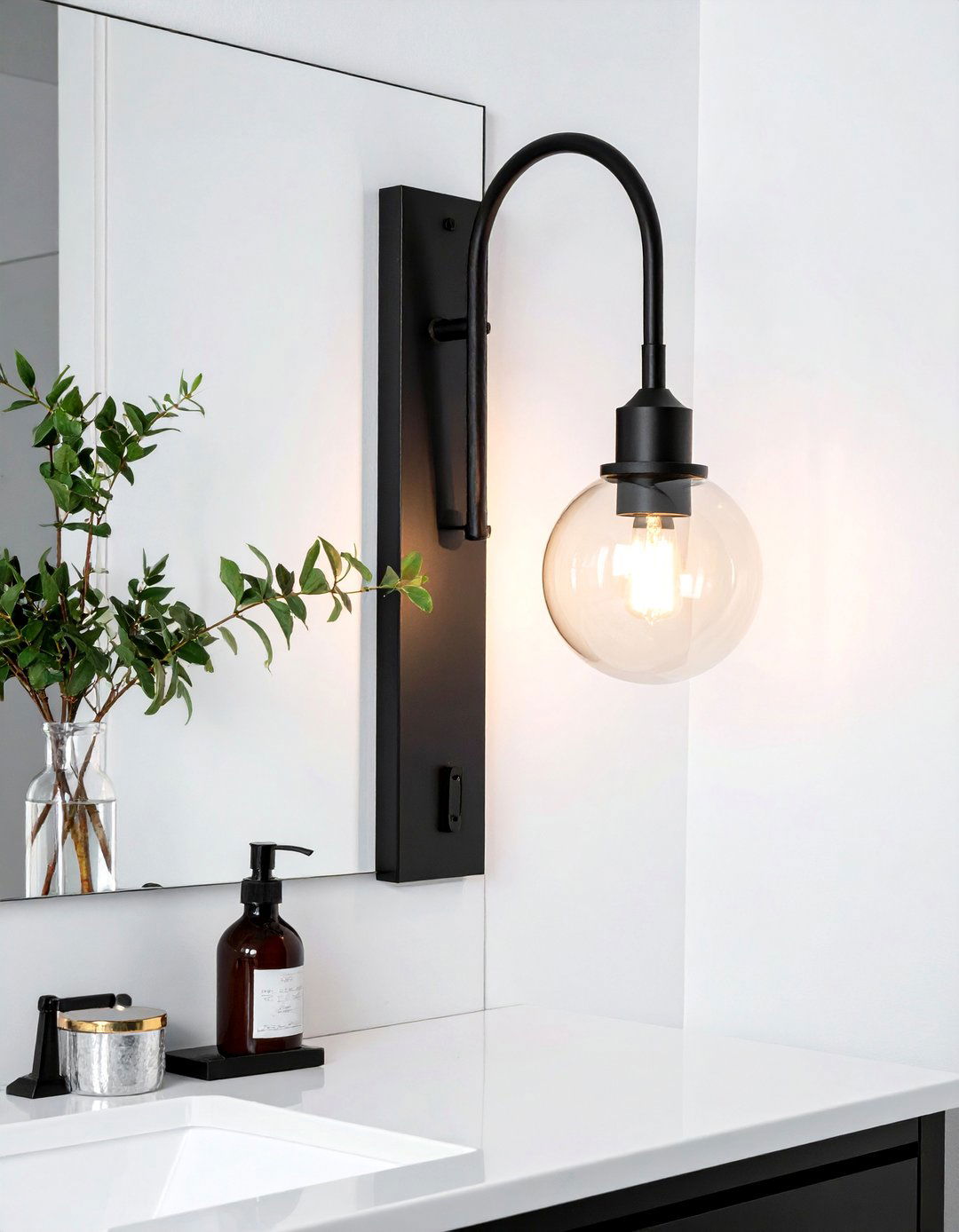 Black wall sconce - 30 black bathroom accessories ideas