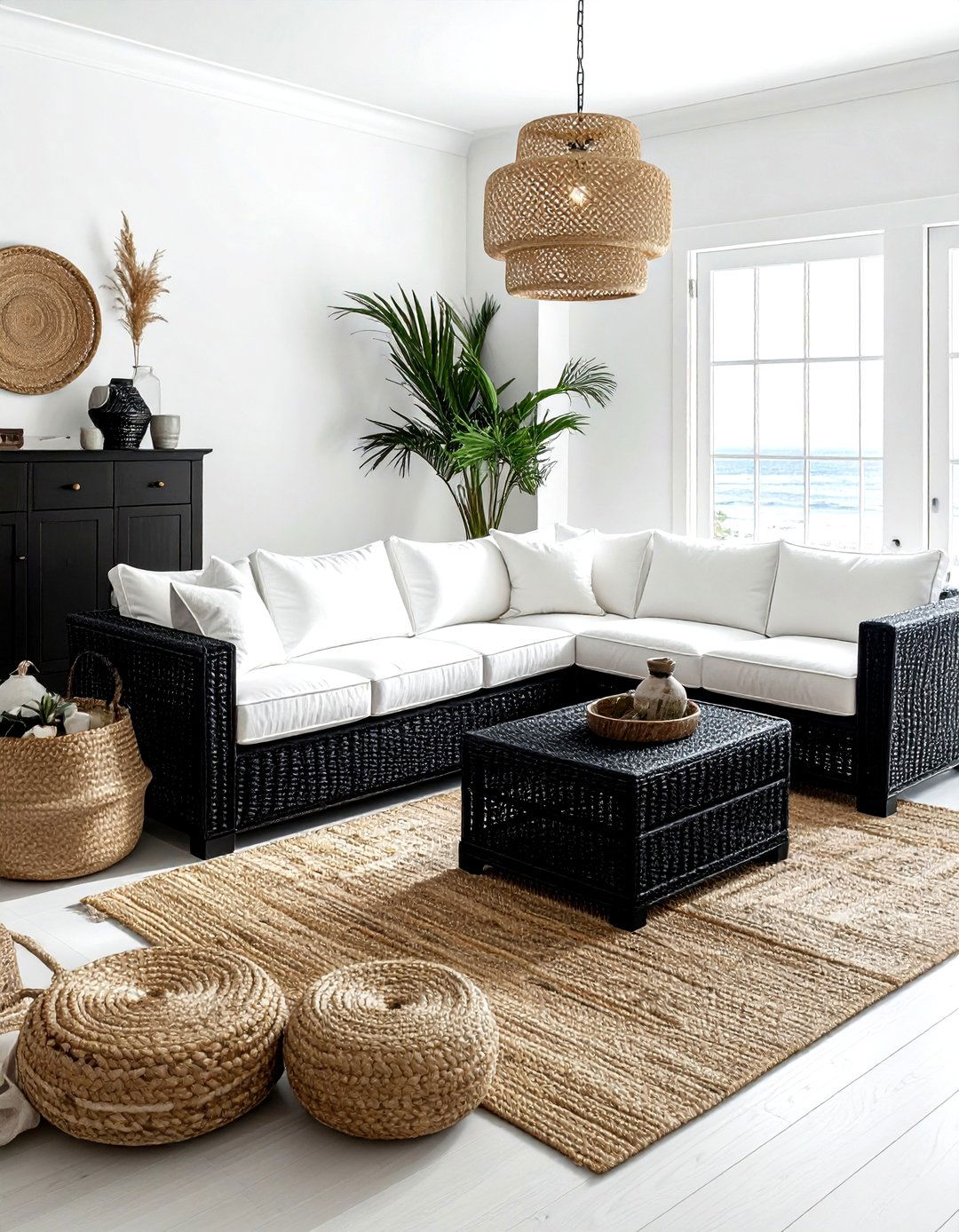 Black wicker furniture coastal living room - 30 coastal black living room ideas