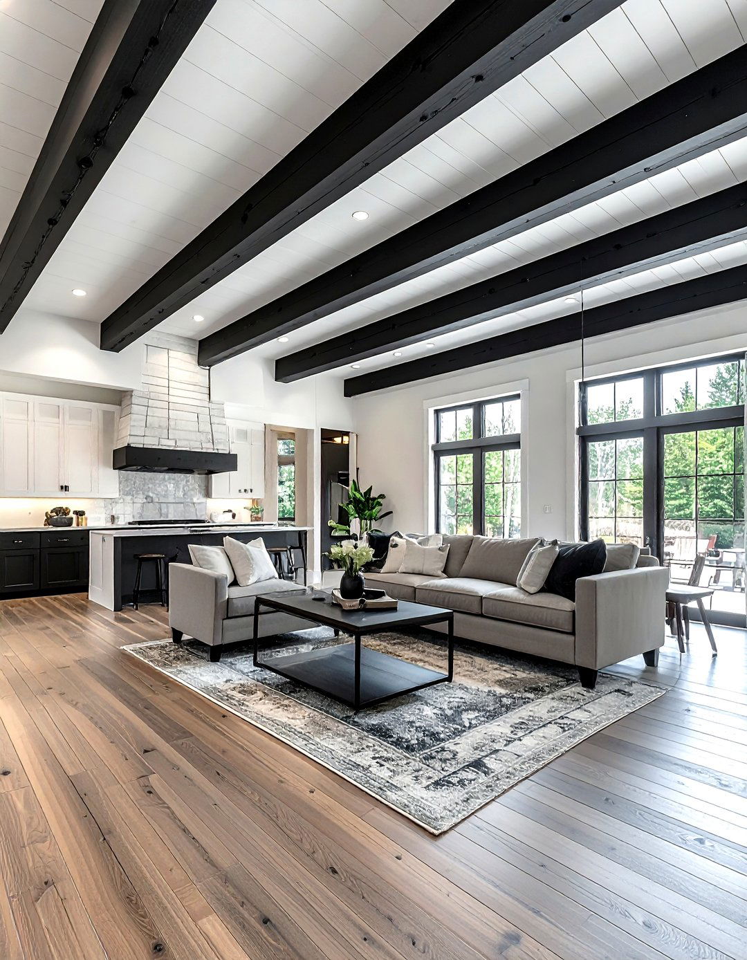 Black wood ceiling beams - 30 farmhouse black living room ideas