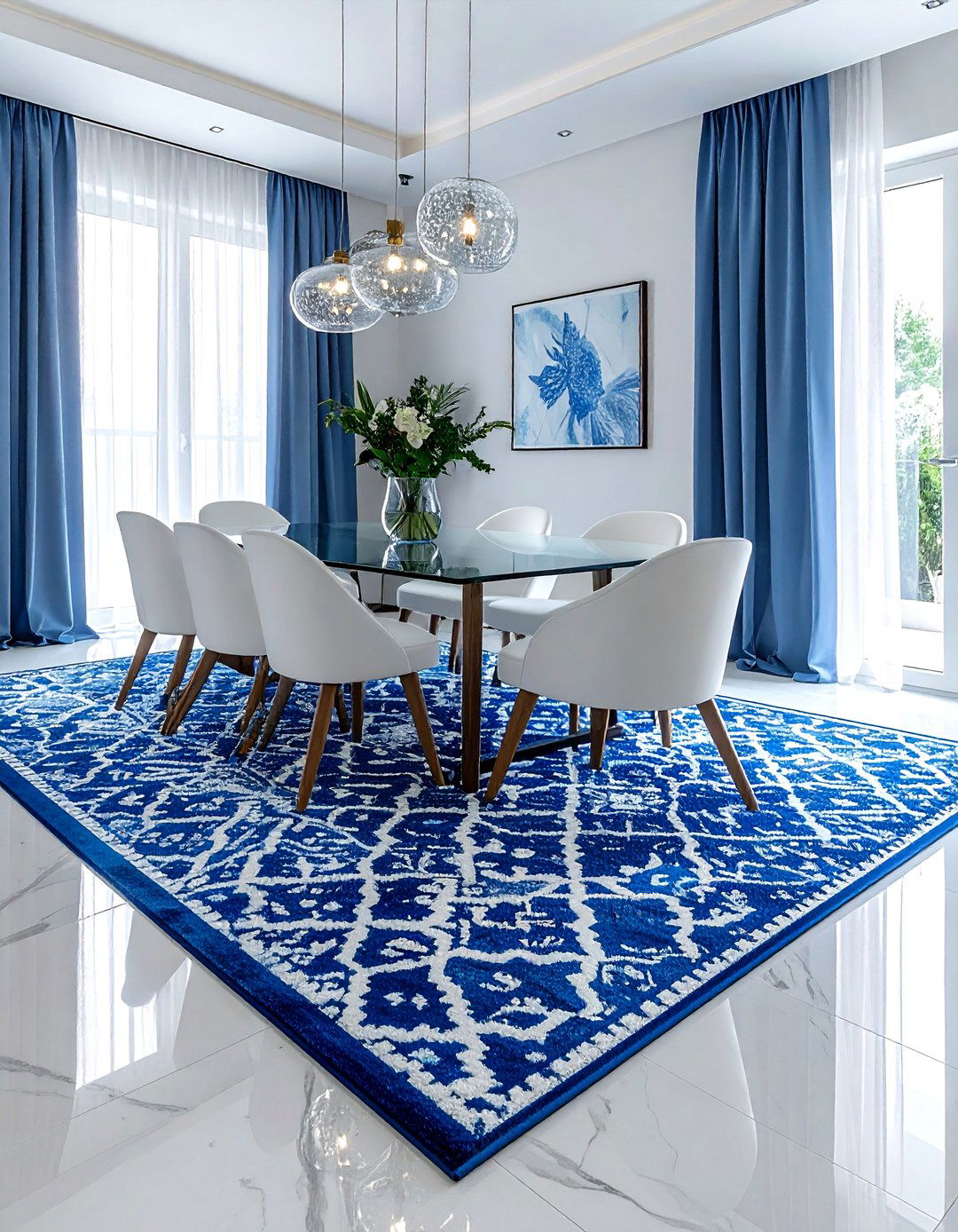 Blue And White Patterned Rug - 30 blue dining room decor ideas