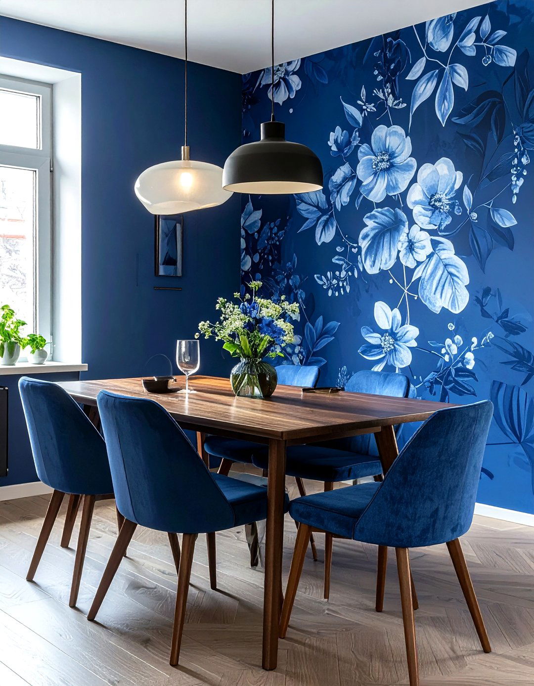 Blue Botanical Wallpaper - 30 blue dining room decor ideas