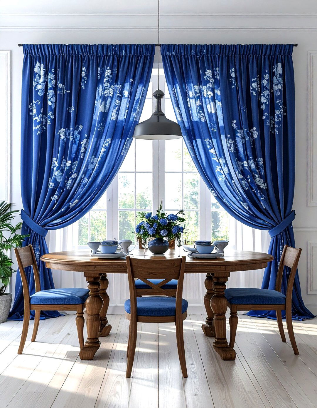 Blue Floral Curtains - 30 blue dining room decor ideas