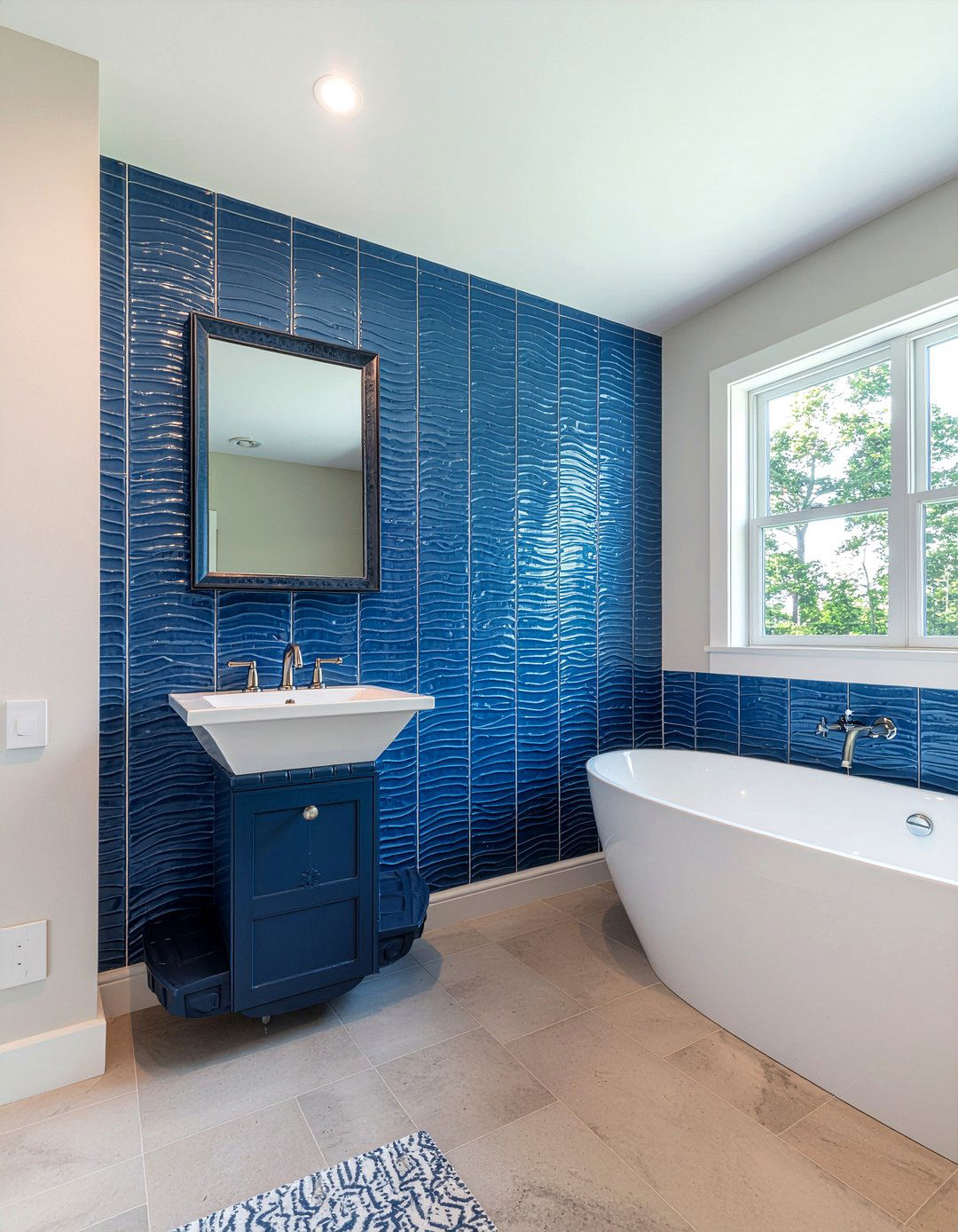 Blue Fluted Tile Accent Wall - 30 fluted tile bathroom ideas