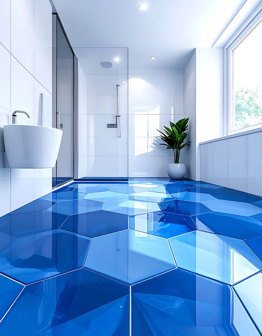 Blue Geometric Tile - 30 blue bathroom decor ideas