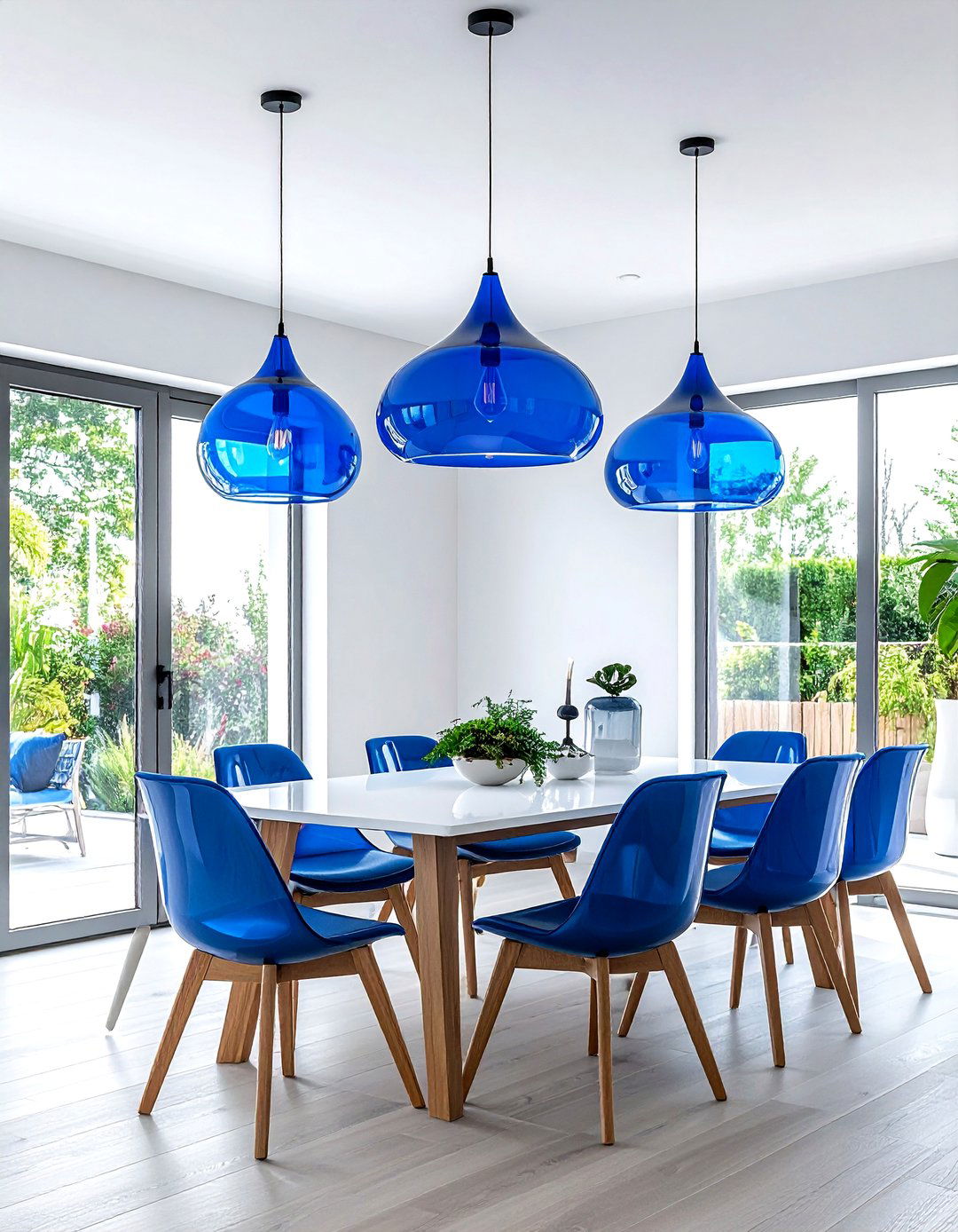 Blue Glass Pendant Lights - 30 blue and white dining room ideas