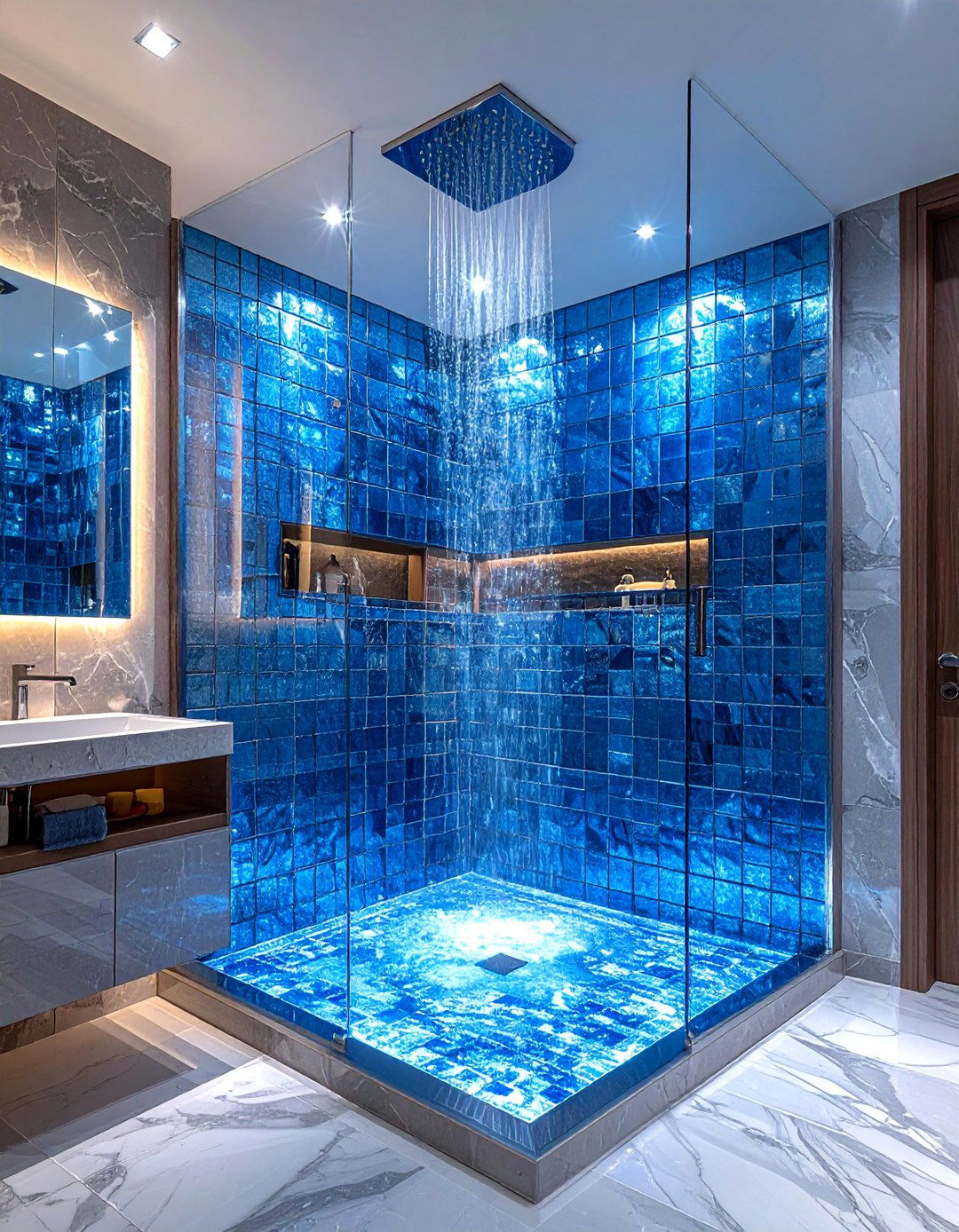 Blue Glass Tile Shower - 30 blue bathroom decor ideas