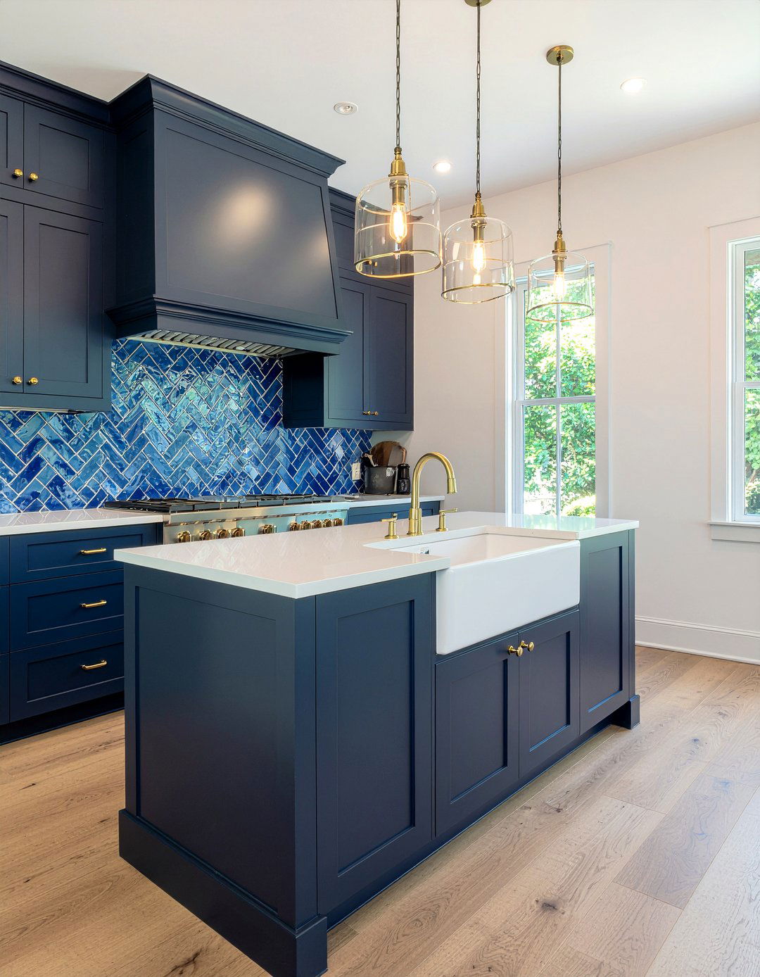 Blue Herringbone Glass Tile - 30 glass tile kitchen backsplash ideas
