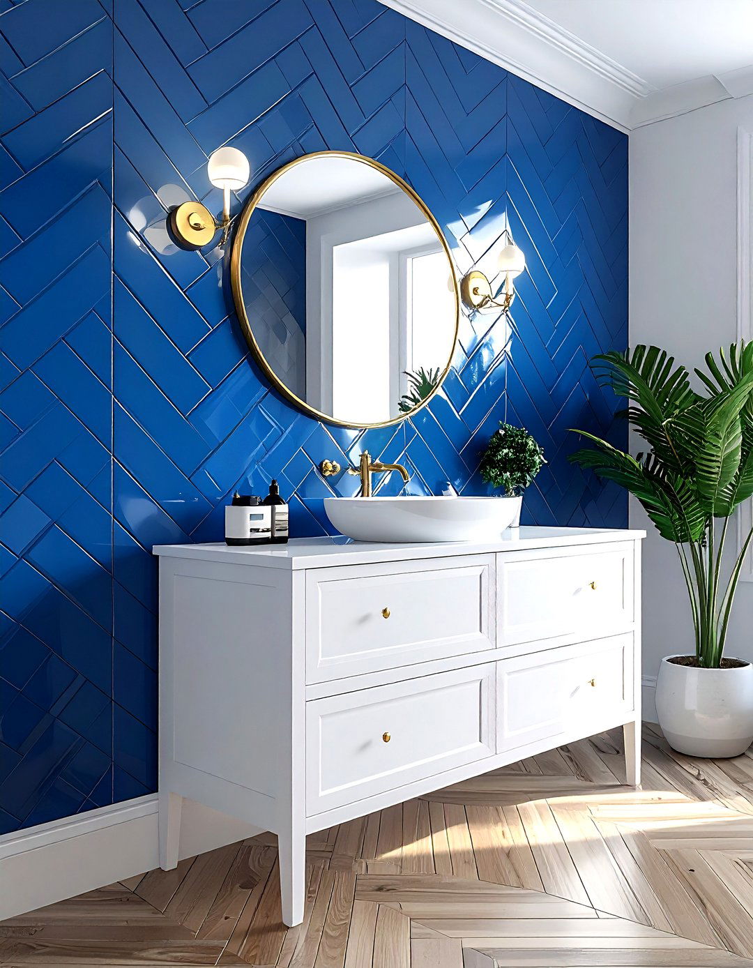 Blue Herringbone Tile - 30 blue bathroom decor ideas