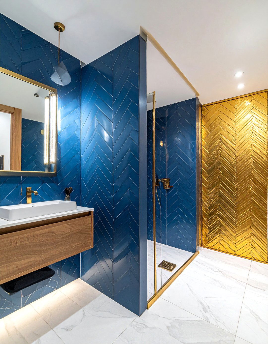 Blue Herringbone Tile Gold Shower - 30 blue and gold bathroom ideas