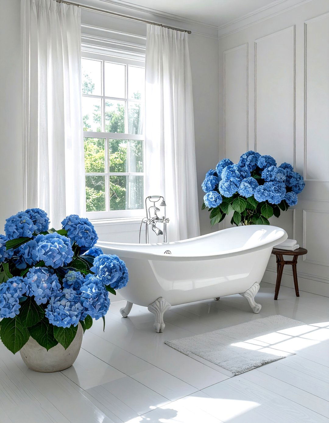 Blue Hydrangeas Near Clawfoot Tub - 30 bathroom flower arrangement ideas