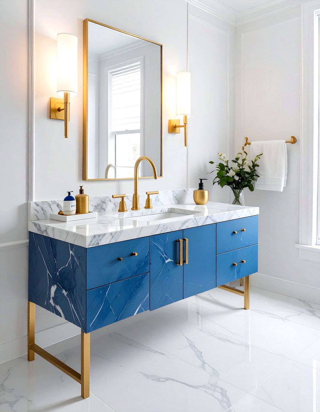Blue Marble Vanity Gold Faucet - 30 blue and gold bathroom ideas