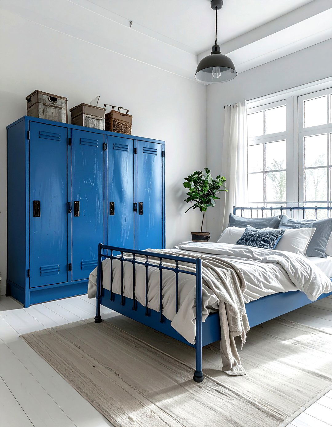 Blue Metal Locker Storage - 30 industrial blue bedroom ideas