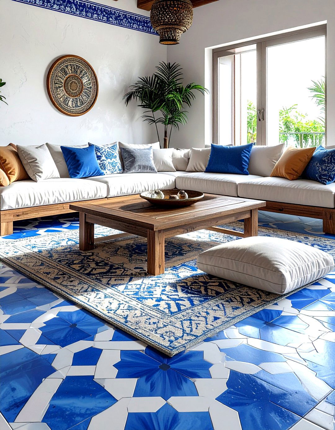 Blue Moroccan floor tile - 30 living room tile ideas