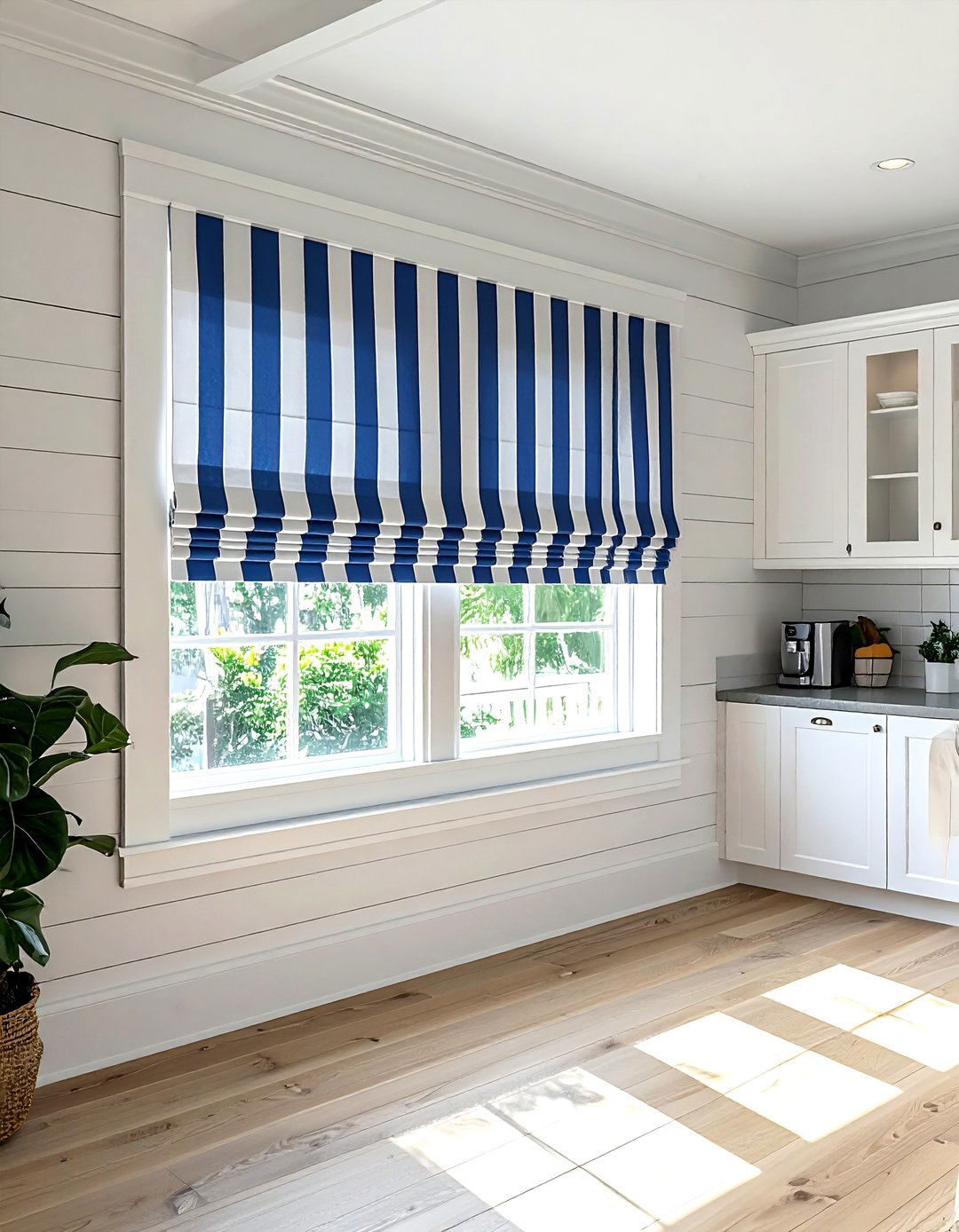 Blue Striped Roman Shade - 30 kitchen roman shade ideas