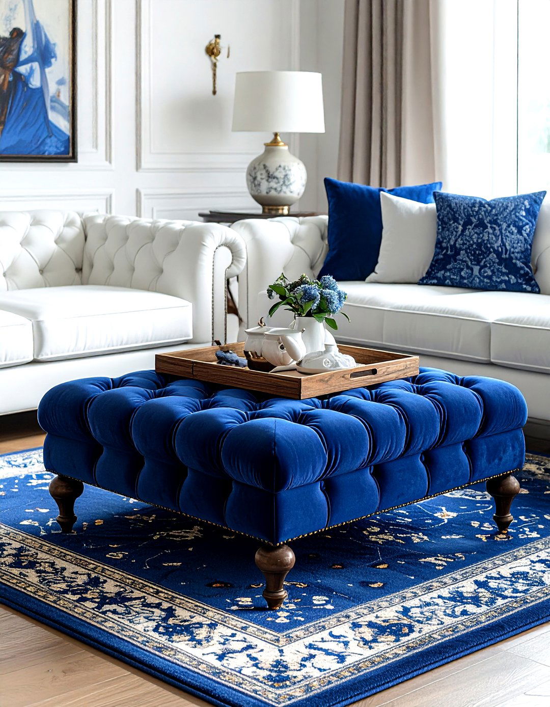 Blue Tufted Ottoman - 30 traditional blue living room ideas