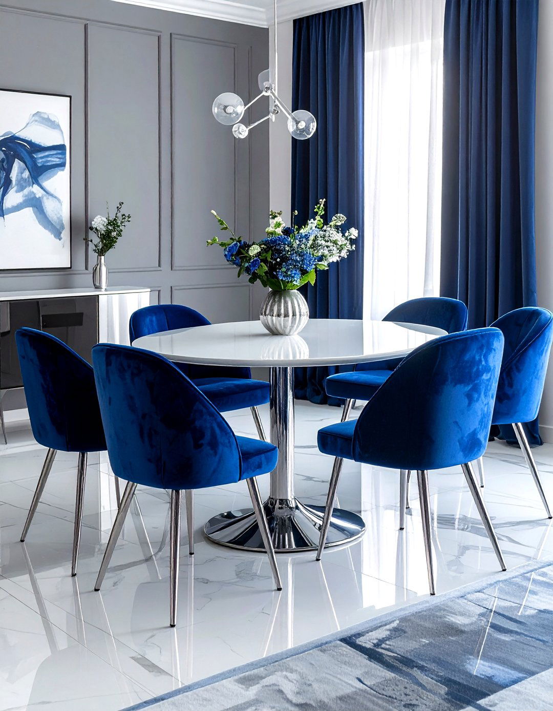 Blue Velvet Chairs - 30 blue and white dining room ideas