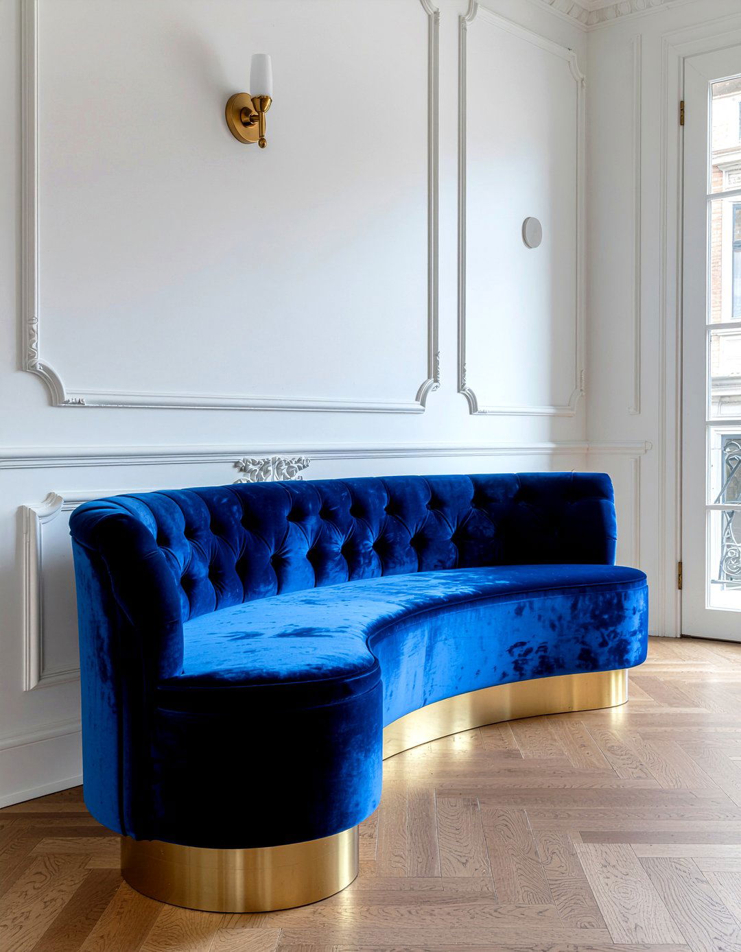 Blue Velvet Curved Dining Bench - 30 curved dining bench ideas