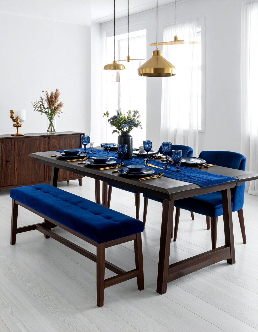 Blue Velvet Dining Bench - 30 upholstered dining bench ideas