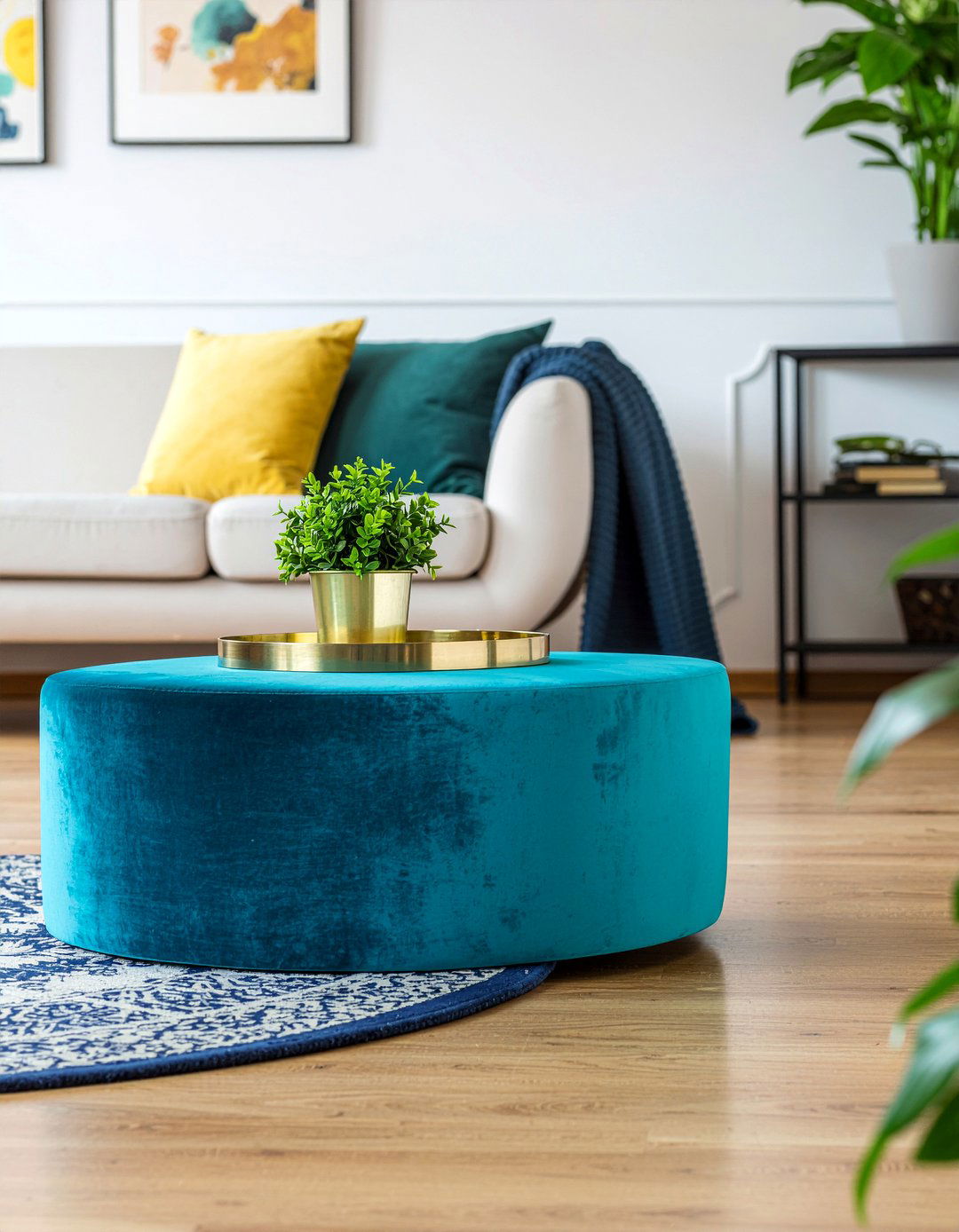 Blue Velvet Round Ottoman - 30 living room ottoman coffee tables