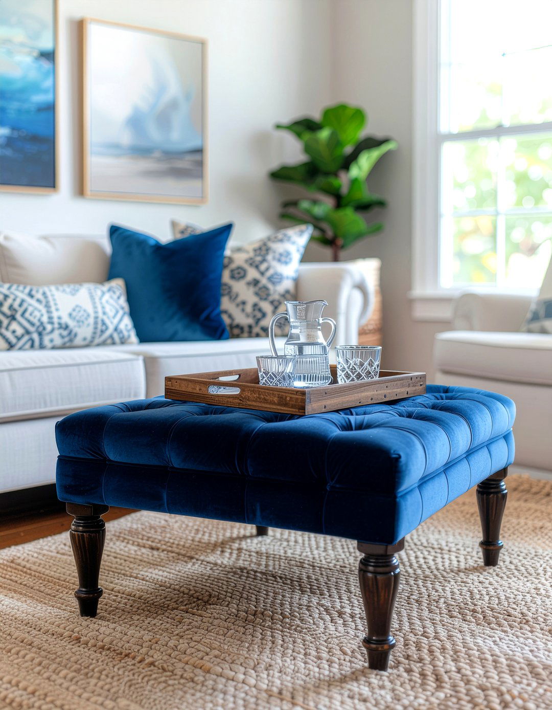 Blue Velvet Tufted Ottoman - 30 living room coastal furniture ideas