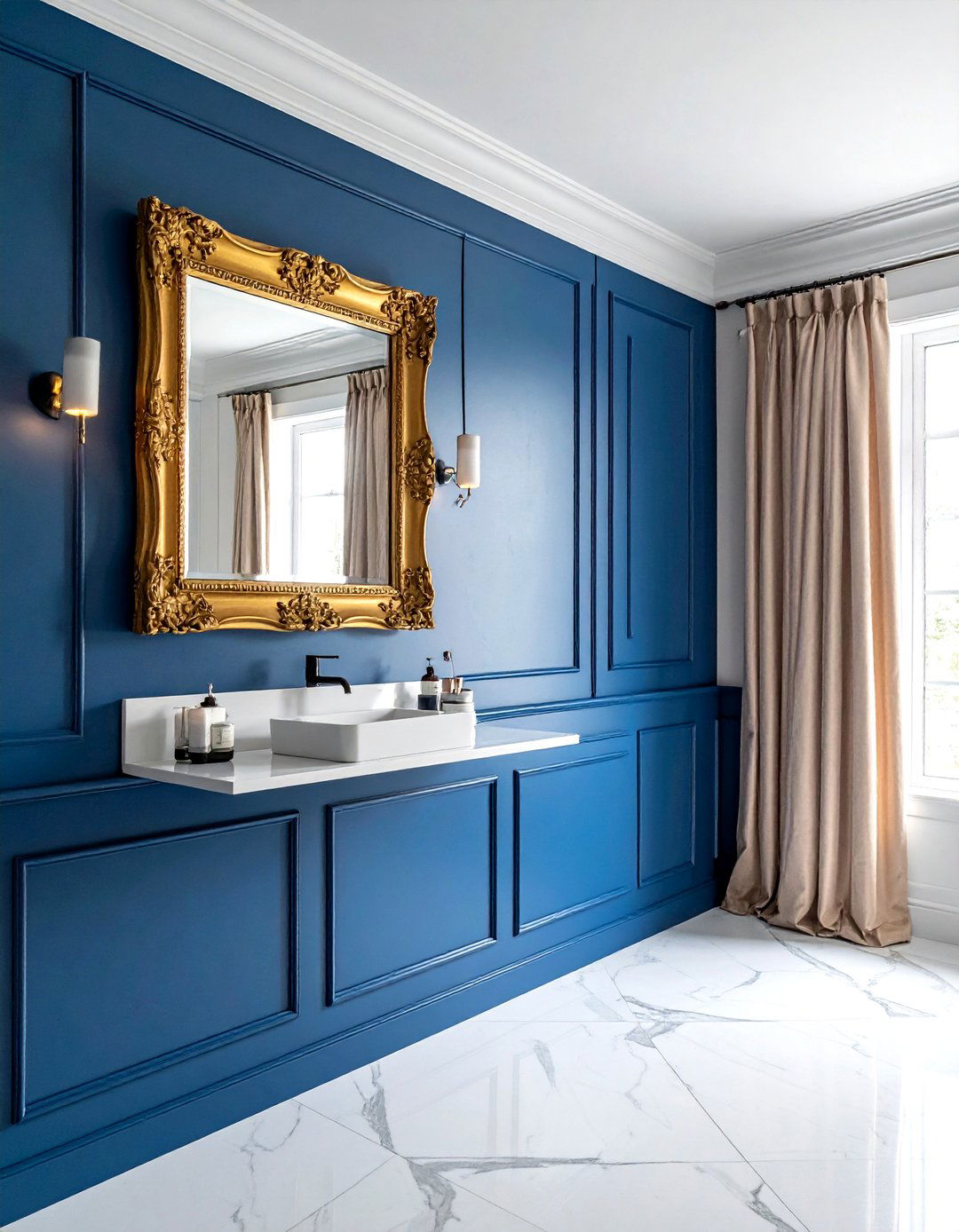 Blue Wainscoting Gold Mirror Frame - 30 blue and gold bathroom ideas
