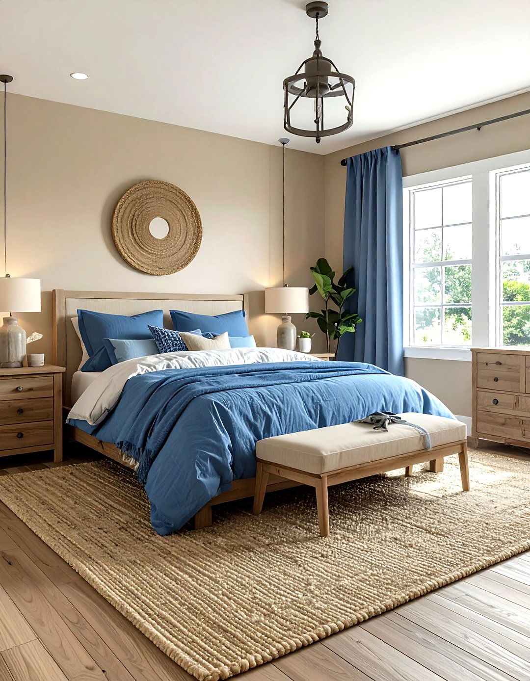 Blue and beige farmhouse bedroom - 30 farmhouse blue bedroom ideas