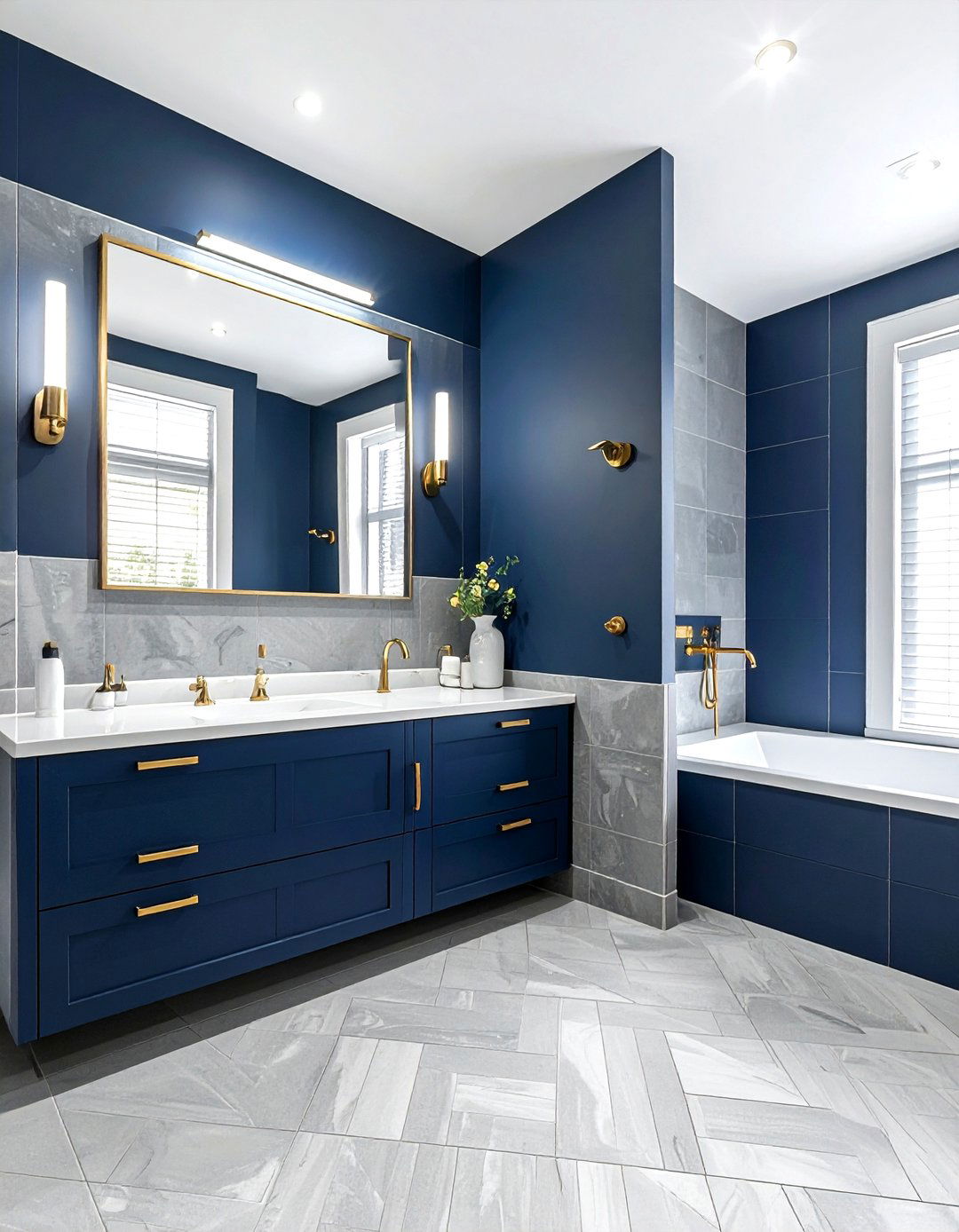 Blue and gray bathroom with gold hardware - 30 blue and gray bathroom ideas