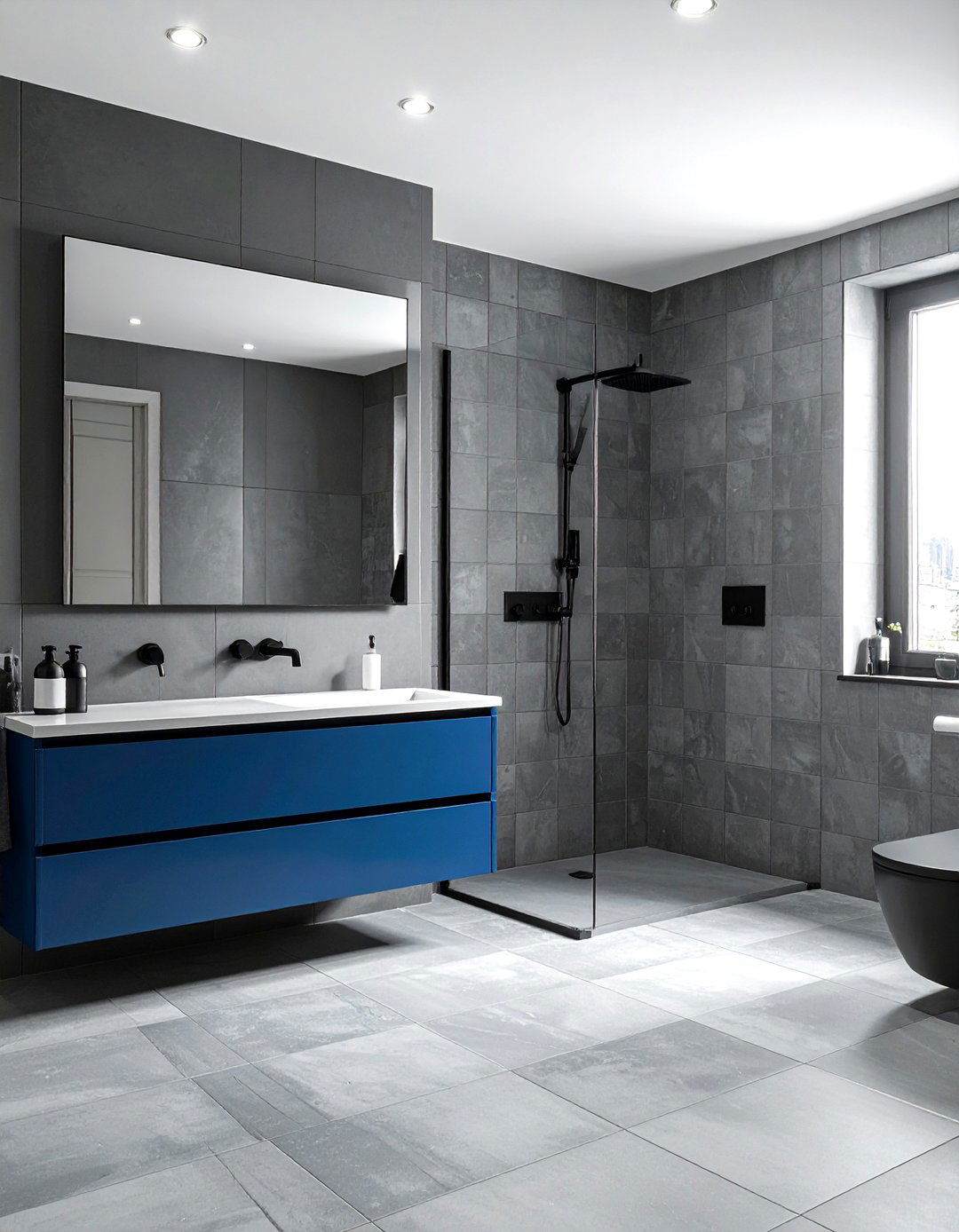 Blue and gray bathroom with matte black accents - 30 blue and gray bathroom ideas