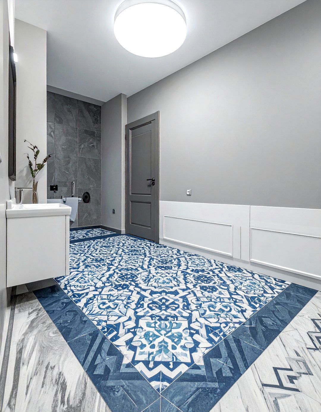 Blue and gray patterned floor tile - 30 blue and gray bathroom ideas