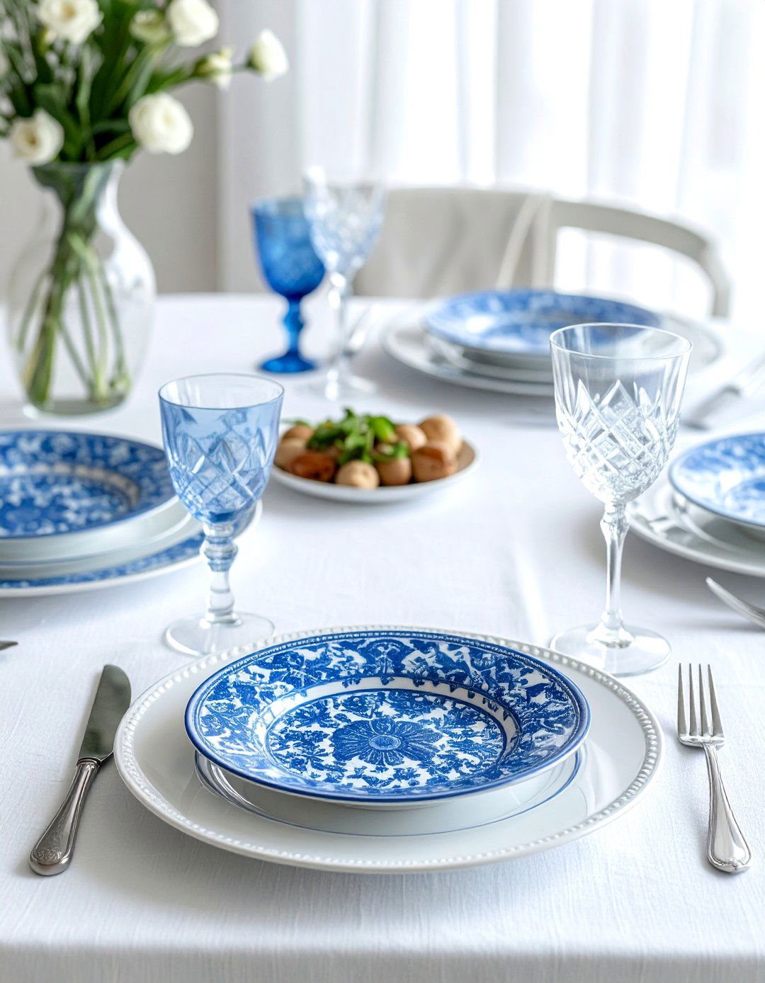 Blue and white Seder table - 30 Passover dining room ideas