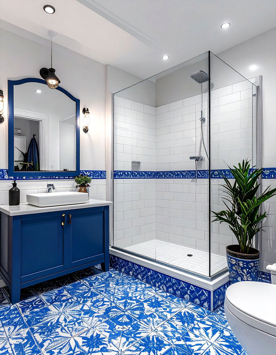 Blue and white Spanish tile shower - 30 Spanish tile bathroom ideas
