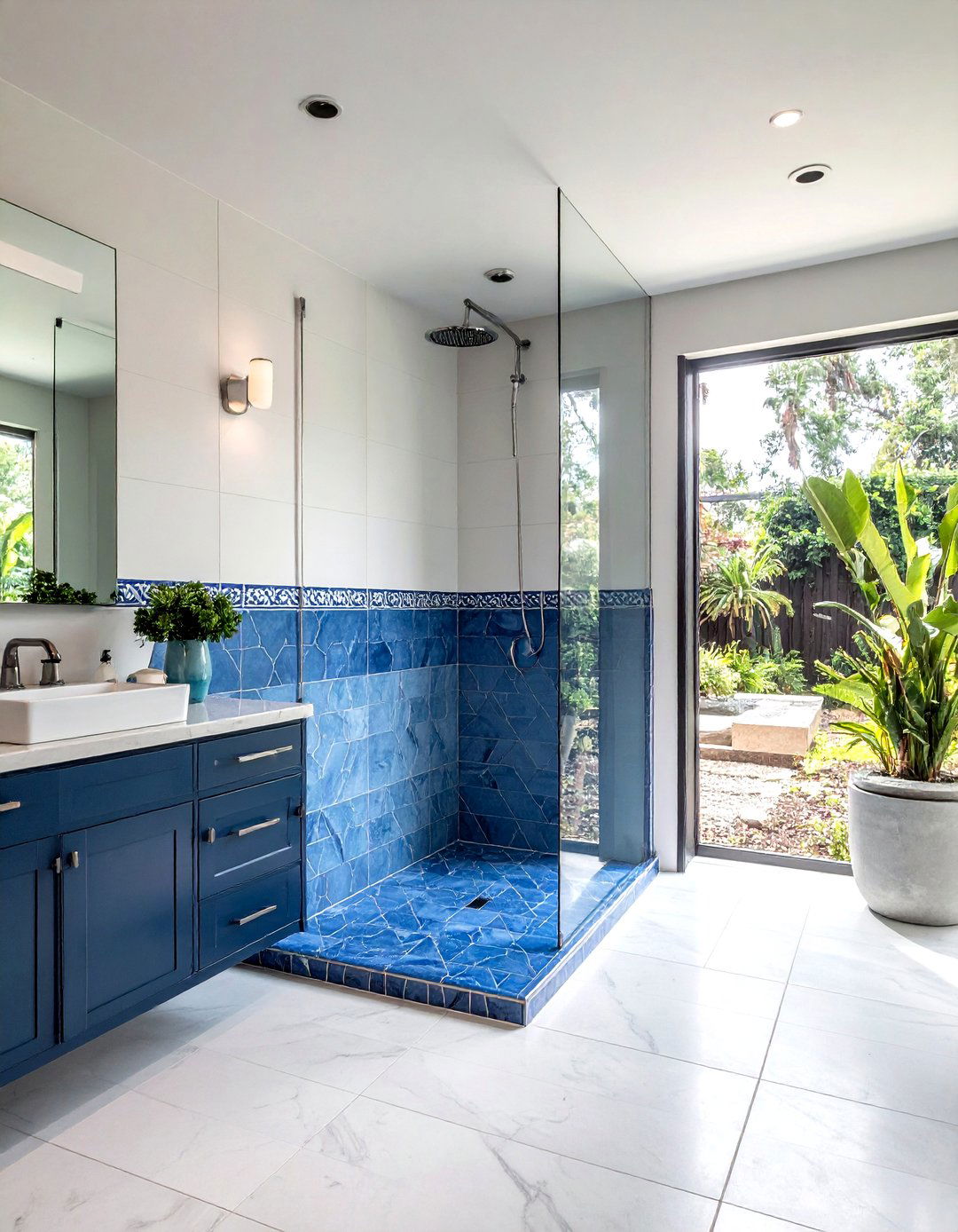 Blue and white cement tile walk in shower - 30 encaustic tile bathroom ideas