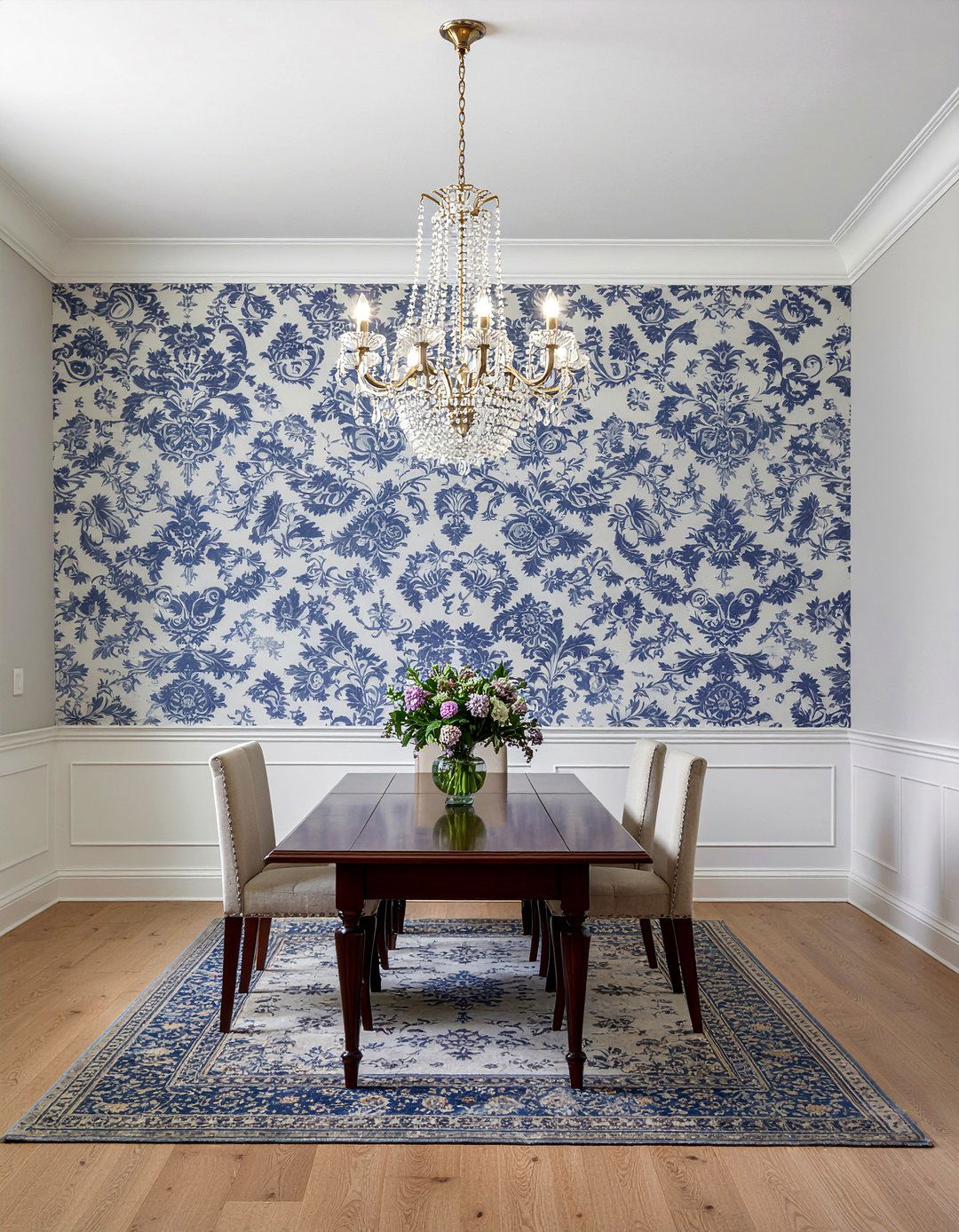 Blue and white damask wallpaper - 30 damask wallpaper dining room ideas