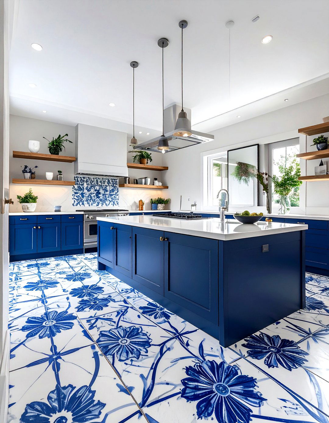 Blue and white encaustic tile - 30 patterned floor kitchen ideas