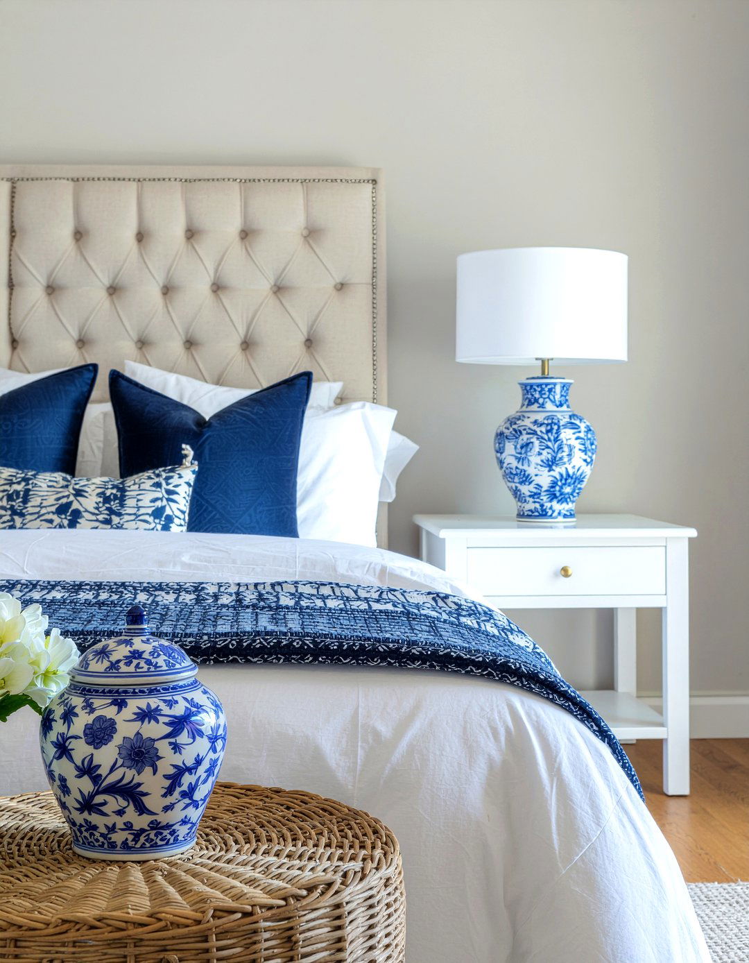 Blue and white ginger jar - 30 nautical bedroom ideas