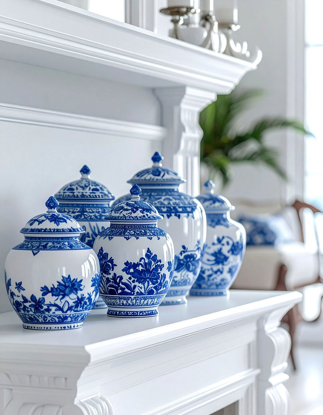 Blue and white ginger jars - 30 coastal navy living room ideas