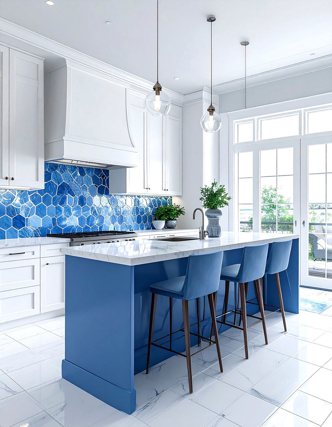 Blue and white hexagon backsplash - 30 hexagon tile kitchen backsplash ideas
