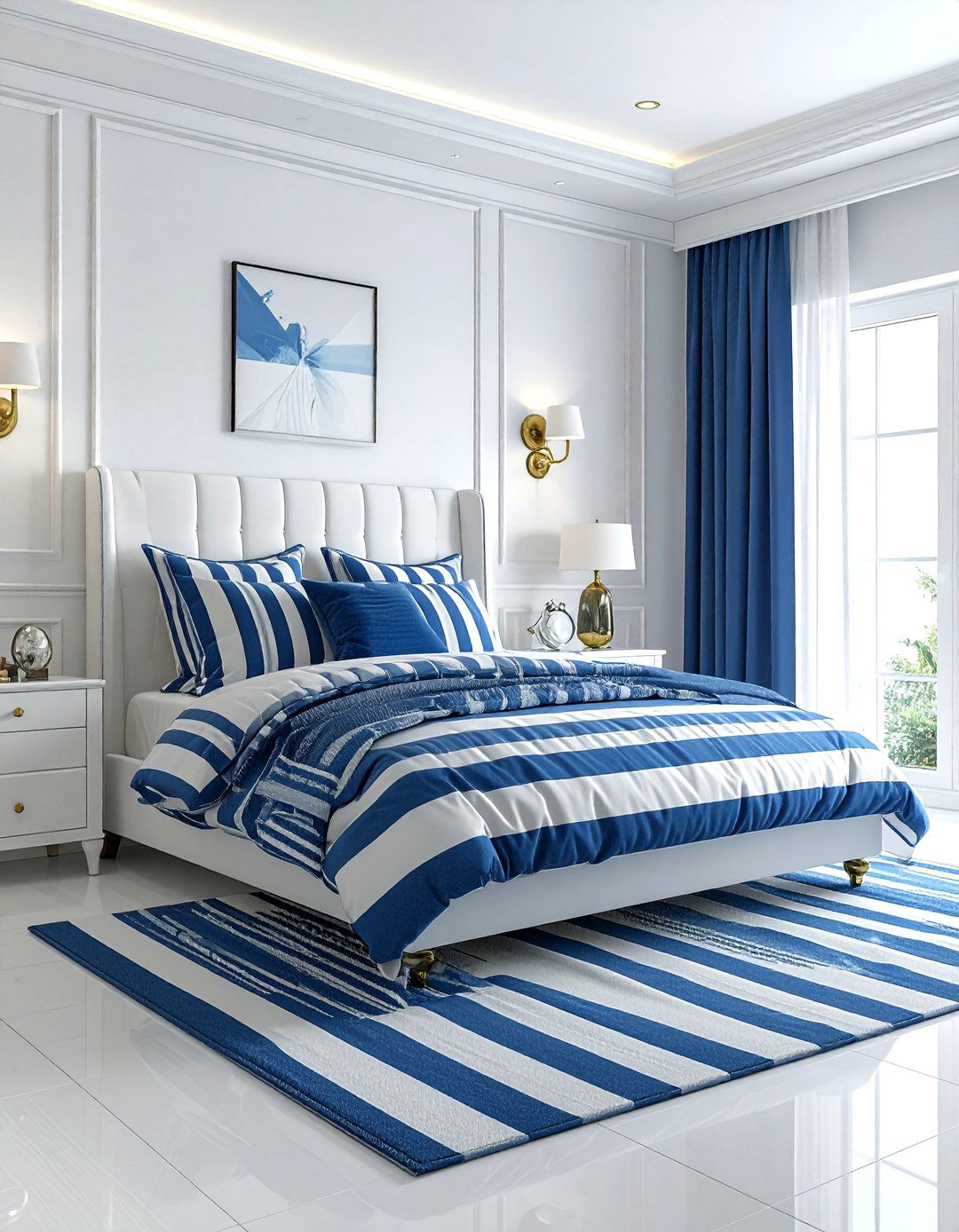 Blue and white striped bedroom - 30 coastal blue bedroom ideas