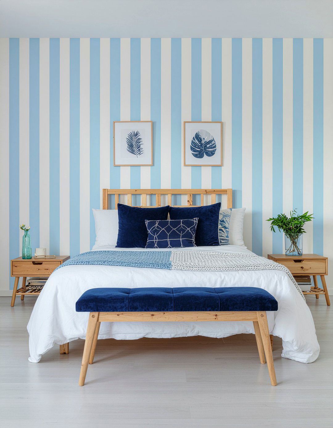 Blue and white vertical stripe wallpaper - 30 bedroom striped wallpapers