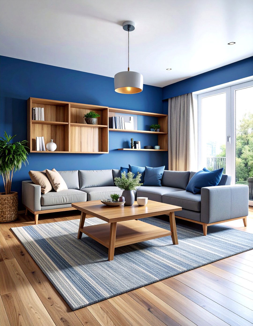 Blue and wood minimalist living room - 30 minimalist blue living room ideas
